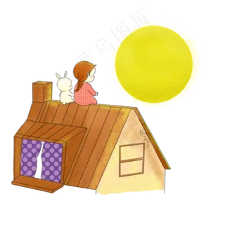 小女孩坐在屋子上面看月亮