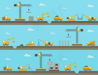 一组无缝的水平施工背景与施工设备图标。矢量图解