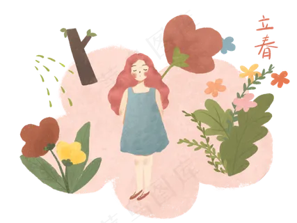 立春少女农历节气PNG百花