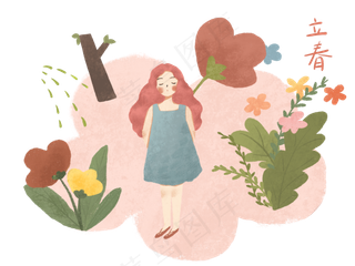 立春少女农历节气PNG百花
