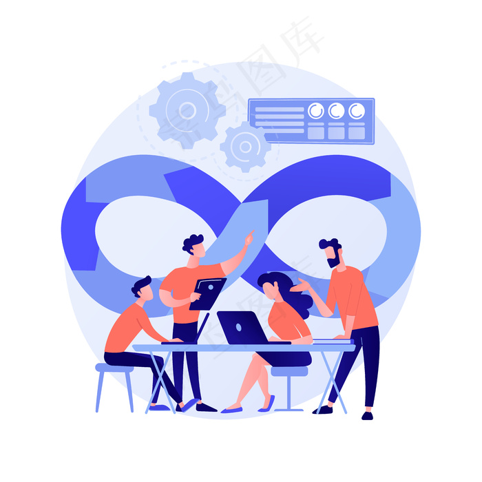 Devops团队抽象概念矢量图。软件开发团队成员，敏捷工作流，devops团队模型样机，it团队，项目管理，综合实践抽象隐喻。eps,ai矢量模版下载