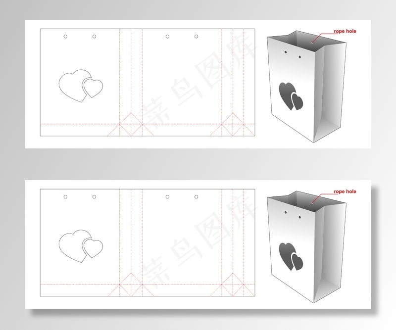 购物袋包装用心窗模切模板设计eps,ai矢量模版下载