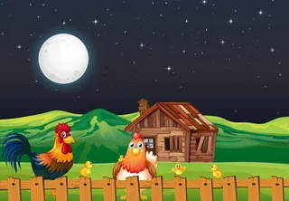 夜晚有谷仓、风车和鸡肉的农场场景