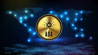 未来技术的抽象背景阿达卡达诺硬币加密货币与世界地图