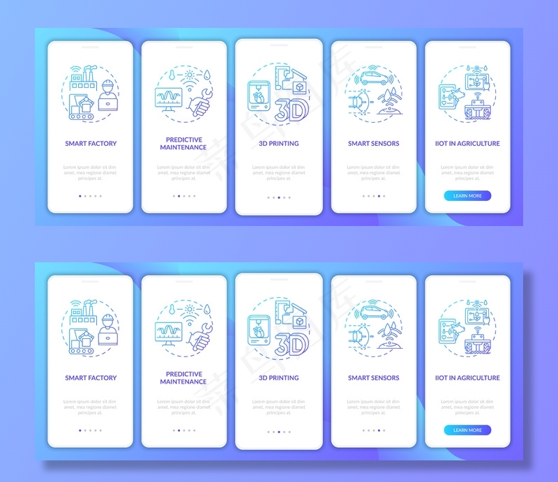 行业4.0趋势-带概念的车载手机app移动应用程序app页面屏幕。3d打印，iiot农业演练5步用户界面模板与rgb彩色插图eps,ai矢量模版下载
