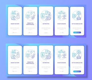 行业4.0趋势-带概念的车载手机app移动应用程序app页面屏幕。3d打印，iiot农业演练5步用户界面模板与rgb彩色插图