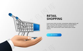 零售购物概念与三维手推车在手商人。商场或商店的抽象购物车。