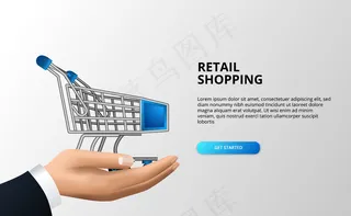 零售购物概念与三维手推车在手商人。商场或商店的抽象购物车。