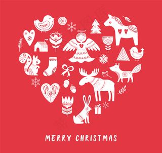 圣诞快乐的背景与手绘斯堪的纳维亚，北欧风格的插图