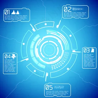 数字未来的交互式信息图形技术显示文本和图标上的蓝色背景
