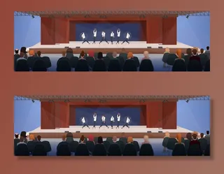 人们坐在椅子上观看舞蹈表演，在舞台上跳舞，舞台上挂着窗帘，现代概念大厅室内水平