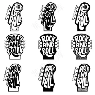 摇滚乐。吉他颈部和头部背景上的一组手绘短语。海报、徽章、标志的元素。插图