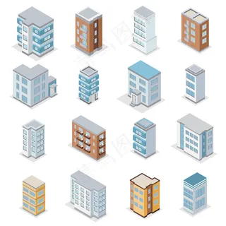 联排别墅建筑图标集城市景观等轴测独立插图