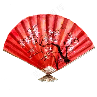 中国红水墨扇子梅花装饰PNG
