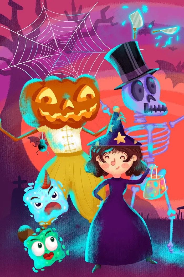 万圣节群魔乱舞南瓜鼓楼精灵女巫蝙蝠(3545*5315px 300 dpi )psd模版下载