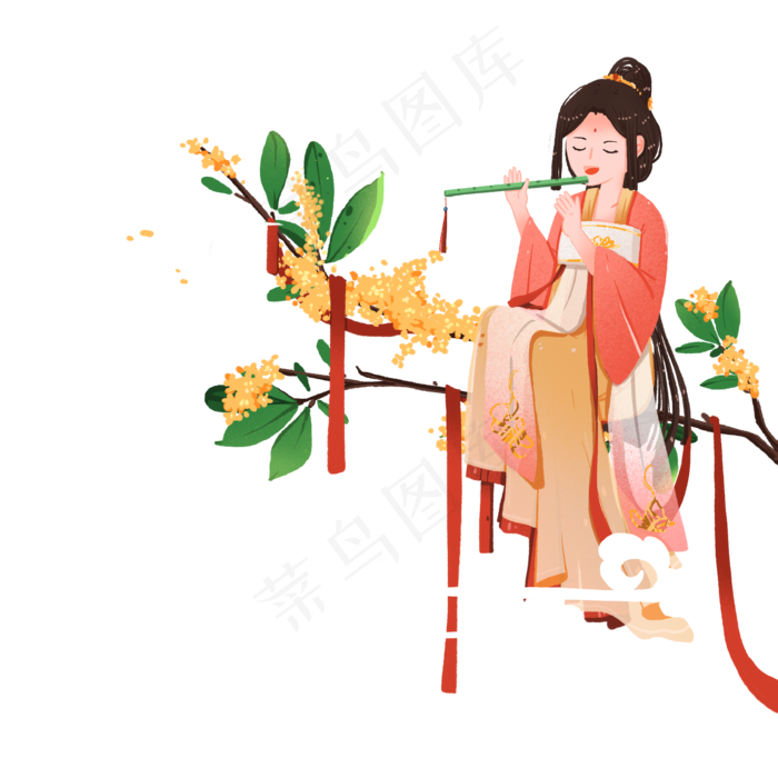 传统节日装饰桂花树上的吹笛女子(2000X2000(DPI:299))psd模版下载