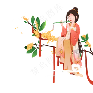 传统节日装饰桂花树上的吹笛女子