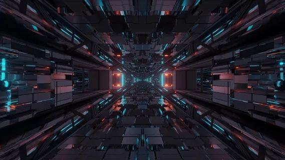 充满闪亮灯光的未来科幻太空隧道通道