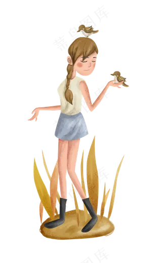 秋天田野里女孩和麻雀