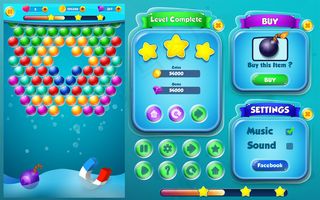 泡泡游戏玩水平完成，购买和设置菜单弹出窗口