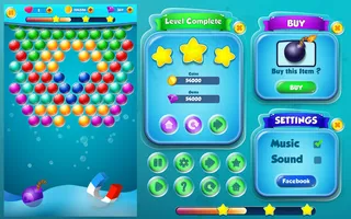 泡泡游戏玩水平完成，购买和设置菜单弹出窗口