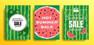 一套空模板与夏季主题西瓜背景。广告横幅banner的设计。网站和移动网站的插图，电子邮件设计，海报，宣传材料