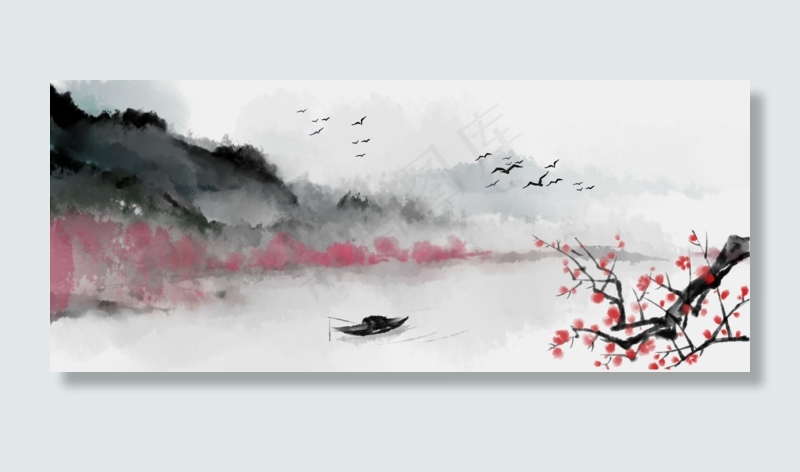 手绘中国风水墨画春江独钓免扣P(1920X800(DPI:300))psd模版下载