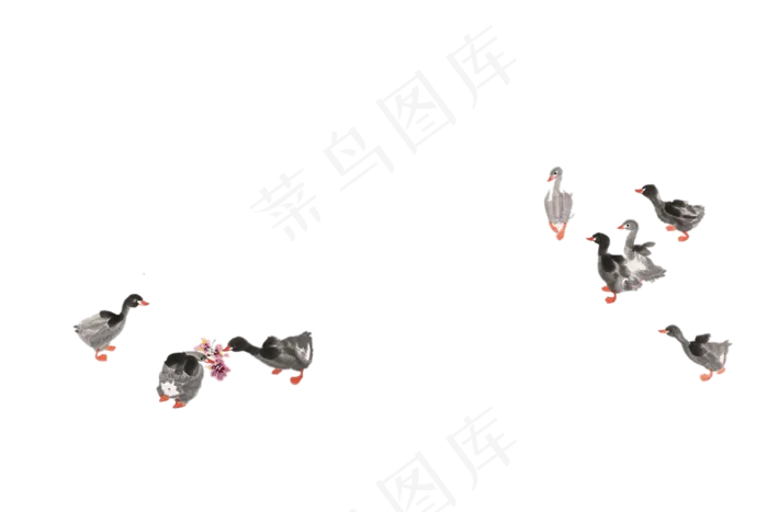 水墨中国风工笔画高清免扣素材-鸭子