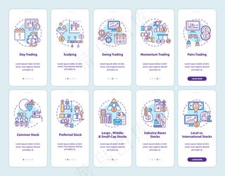 购买和销售概念集的手机app移动应用程序app页面屏幕上的股票。交易风格，类型演练5个步骤的图形说明。
