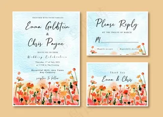 水彩画婚礼请柬与蓝天和红色野花花园