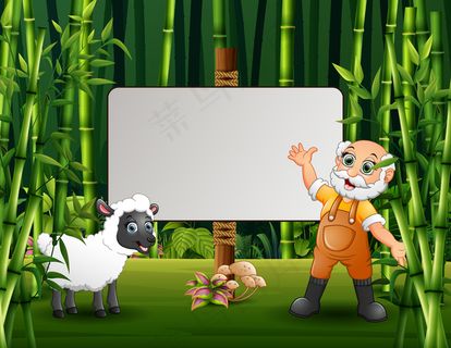 老农民和一只羊站在空白标志旁边的卡通插图