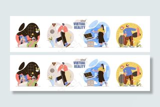 虚拟现实概念场景集男男女女戴vr眼镜玩电子游戏探索星球远足征人活动