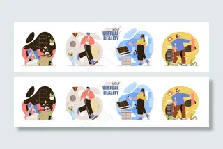 虚拟现实概念场景集男男女女戴vr眼镜玩电子游戏探索星球远足征人活动