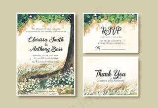 水彩画婚礼请柬与园林和树木和黄色的天空