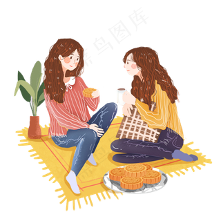 中秋闺蜜一起吃月饼png素材