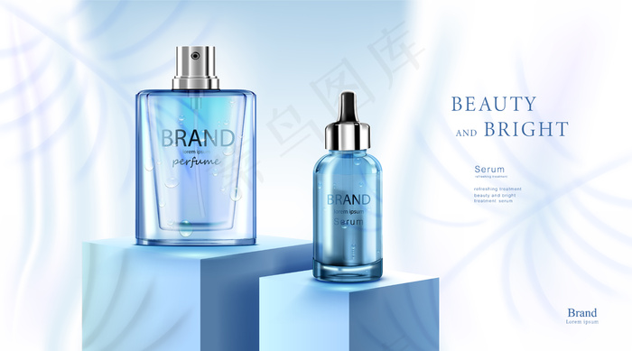 豪华化妆品瓶包装护肤霜，美容化妆品海报，带水滴和蓝色背景