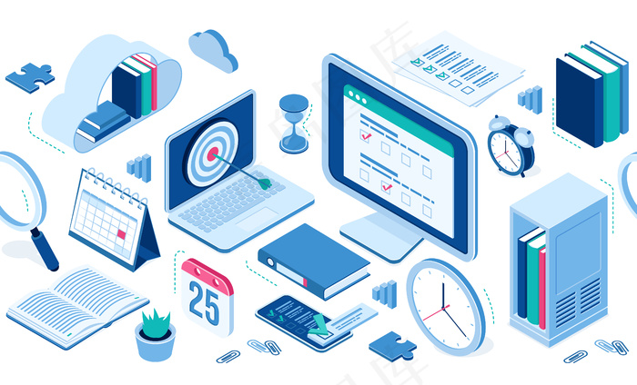 等轴测图标云与书籍，电脑和智能手机