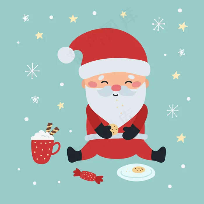 有趣的卡瓦伊圣诞老人与饼干和可可饮料eps,ai矢量模版下载