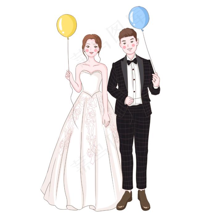 新郎新娘手拿气球插画