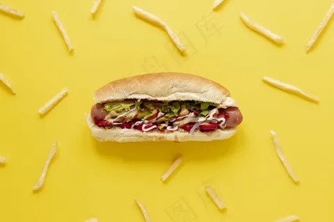 配有热狗和薯条的平放式布局