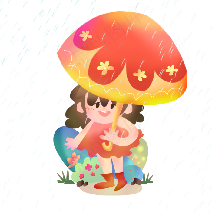 二十四节气雨水可爱少女红伞农历(3000X3000(DPI:300))psd模版下载