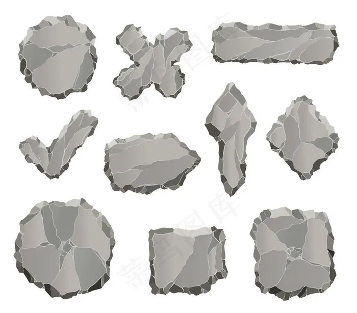 石头游戏元素。卡通摇滚用户界面元素，如箭头和面板，框架和游戏设计隔离在白色按钮。eps,ai矢量模版下载