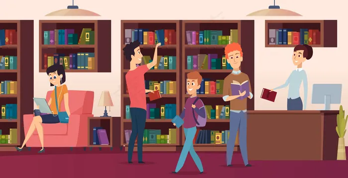 图书馆背景。学校图书馆的书架学生们选择了一本书