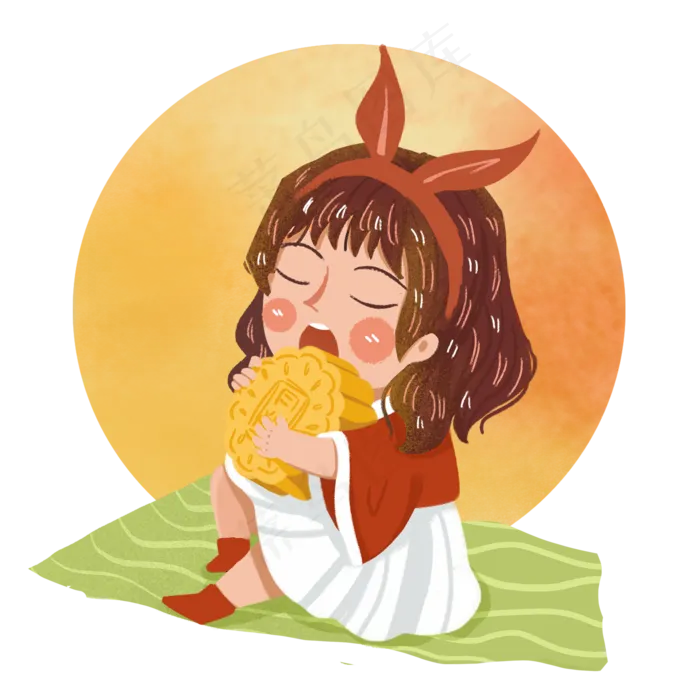 圆月中秋吃月饼女孩png素材(2000X2000(DPI:300))psd模版下载