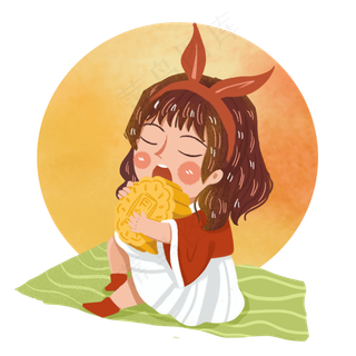 圆月中秋吃月饼女孩png素材