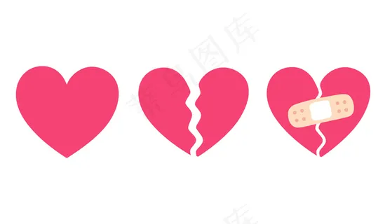 卡通心套，破碎的心和裂缝用绷带固定。分手和心碎的象征。