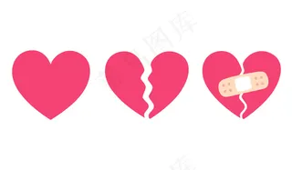 卡通心套，破碎的心和裂缝用绷带固定。分手和心碎的象征。