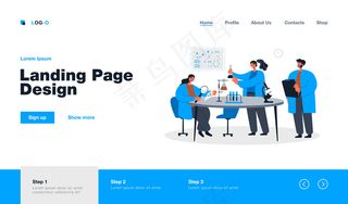 快乐的科学家在平面风格的实验室登陆页面上进行研究