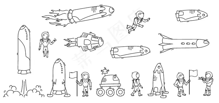 宇宙飞船、火箭、火星车的矢量插图集。涂鸦卡通矢量图标。eps,ai矢量模版下载