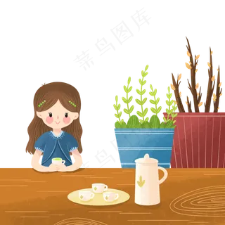 秋分节气饮茶卡通可爱PNG元素